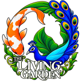 Logo de The Living Gardens con un pez koi y un pavo real